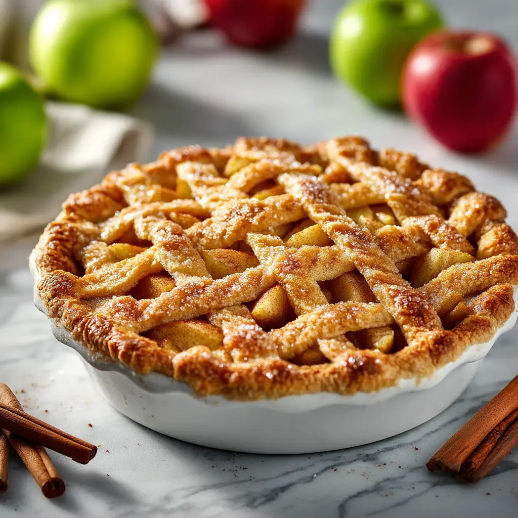Rustic Apple Pie Recipe with a Perfect Lattice Crust 1 A homemade apple pie with a woven crust, with whole apples and cinnamon sticks in the background.