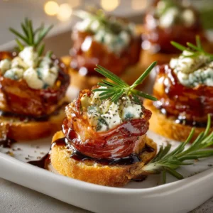 An extreme close-up of a crispy prosciutto appetizer on a white platter. The prosciutto has ruffled, crisp edges and is glistening with a honey balsamic glaze, wrapped around creamy Boursin cheese. (Crispy Prosciutto Appetizer)