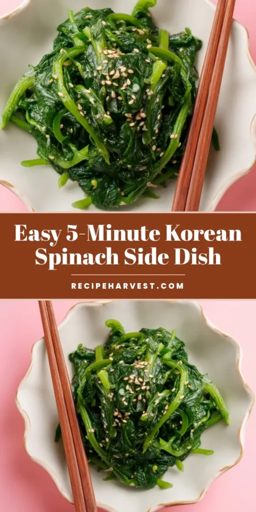 A top-down view of a glistening Korean Spinach Side Dish (Sigeumchi Namul) in a white scalloped bowl, topped with toasted sesame seeds and served on a pink tile surface.