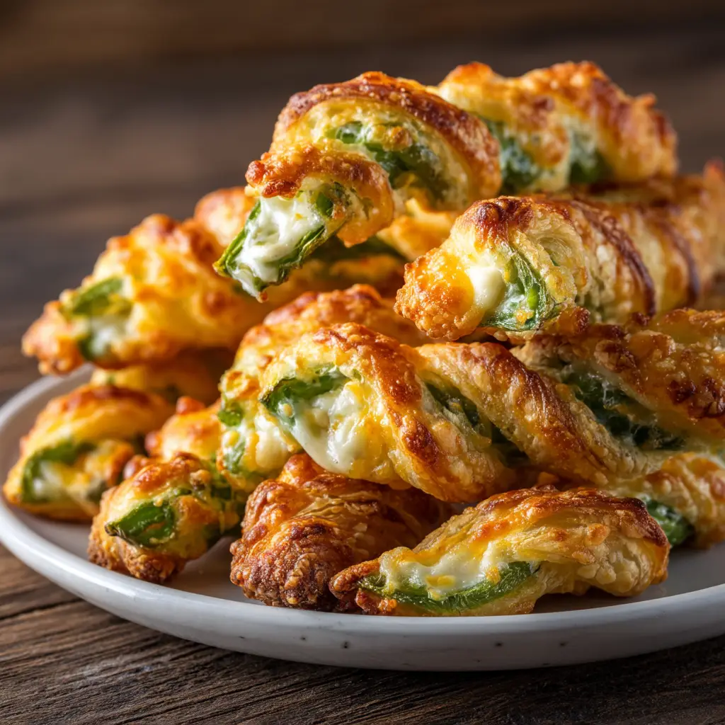 A stack of cheesy Jalapeno Popper Twists on a rustic dark wood surface, highlighting the vibrant green jalapeno slices inside.