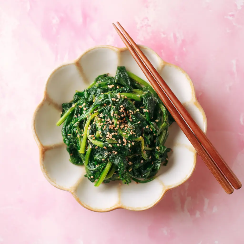 A bright and airy photo of Sigeumchi Namul (Korean Spinach Side Dish) served in a white scalloped bowl, with wooden chopsticks resting beside it on a pink background.