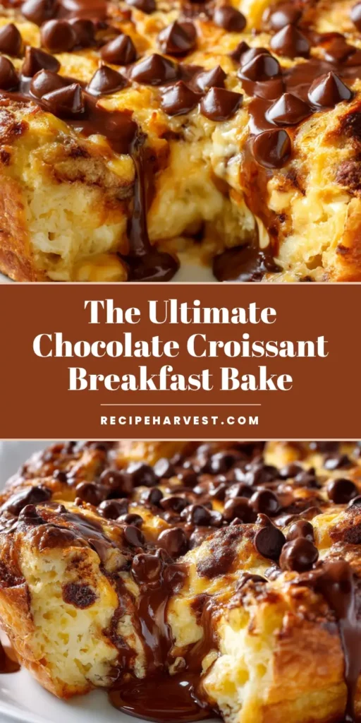 Decadent Chocolate Croissant Bake: The Ultimate Gooey Brunch Casserole 4 A pin-style image of a golden brown Chocolate Croissant Bake, with a slice removed to show the gooey melted chocolate and custard interior.