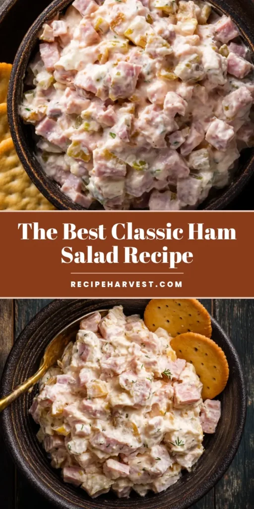 The Ultimate Ham Salad Recipe (Thick, Creamy & Chunky) 4 A close-up overhead shot of a thick and creamy ham salad served in a dark rustic bowl with two golden crackers tucked in the side. (Ham Salad Recipe)