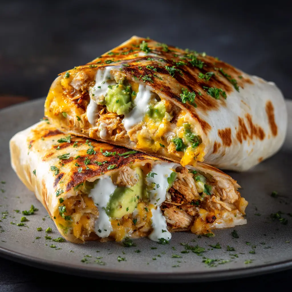 A perfectly grilled Chicken Avocado Ranch Burrito cut in half to show the hearty filling of shredded chicken, melted cheddar, and avocado chunks. (Chicken Avocado Ranch Burritos)