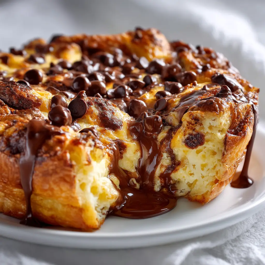 An extreme close-up shot of the golden brown top of a Chocolate Croissant Bake, covered in glossy melted chocolate chips on a white linen surface.