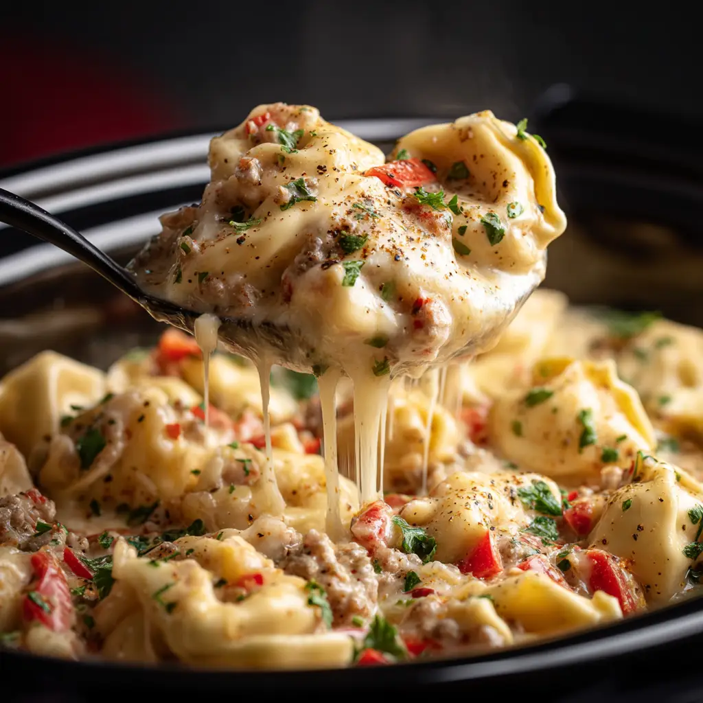 An extreme close-up of a spoonful of creamy Crock Pot Cheesesteak Tortellini being lifted from a black crock pot. Melted provolone cheese is dripping from the spoon.