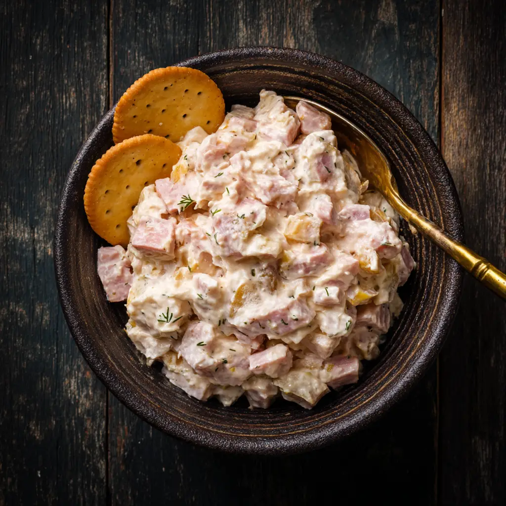 An overhead view of chunky ham salad in a dark ceramic bowl, styled on a dark wood surface. (Ham Salad Recipe)