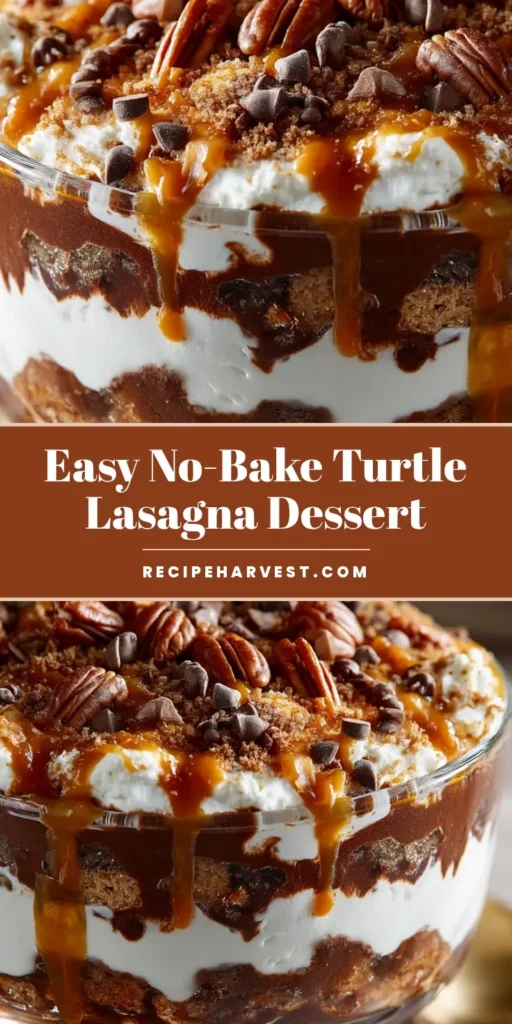 Turtle Lasagna: The Ultimate No-Bake Chocolate Caramel Dream 4 An overhead shot of a finished Turtle Lasagna in a glass dish, showing the top layer garnished with pecans, chocolate chips, and caramel drizzle. (Turtle Lasagna)