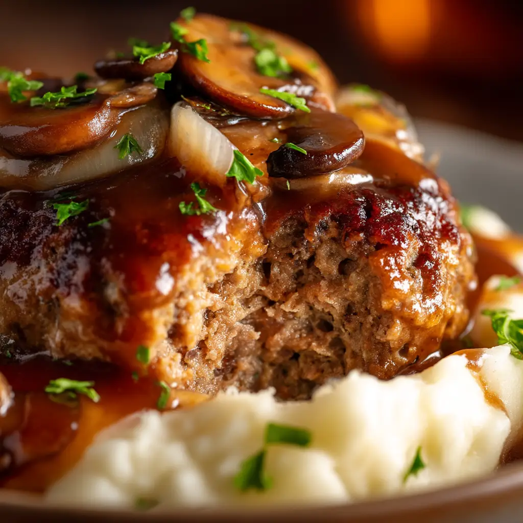 Extreme close-up shot of a thick, juicy Salisbury Steak Recipe patty, sliced open to show the tender ground beef texture and smothered in a rich, glossy brown gravy. (Salisbury Steak Recipe)