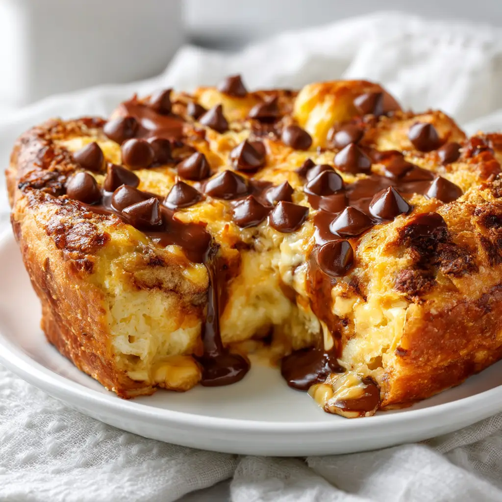 Decadent Chocolate Croissant Bake: The Ultimate Gooey Brunch Casserole 1 A slice removed from the Chocolate Croissant Bake, revealing the gooey melted chocolate and rich custard interior. The background is a soft white textured linen.