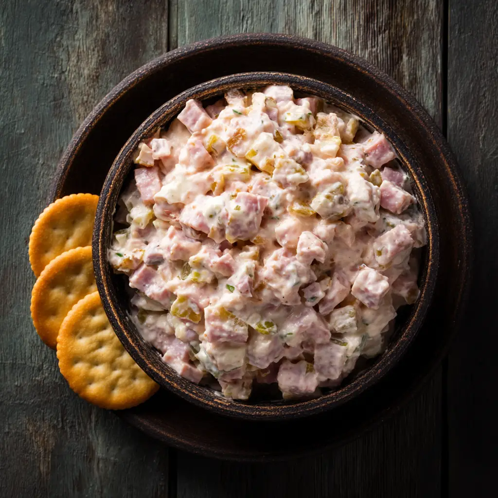 The Ultimate Ham Salad Recipe (Thick, Creamy & Chunky) 1 A detailed close-up of the texture of a homemade ham salad, showing finely diced ham and relish.