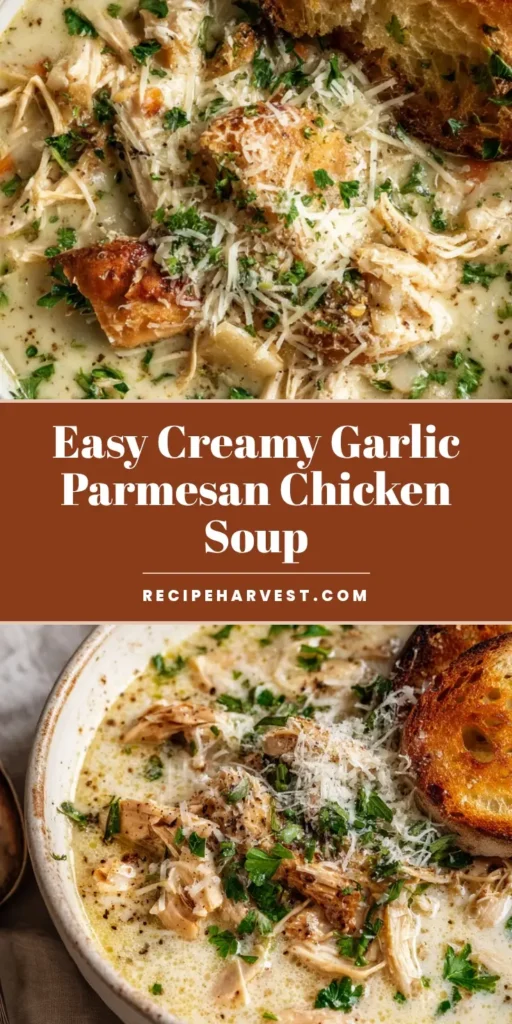 A cozy overhead shot of a rustic white bowl filled with creamy Garlic Parmesan Chicken Soup, garnished with fresh parsley and shredded parmesan. A piece of toasted bread rests on the side of the bowl.