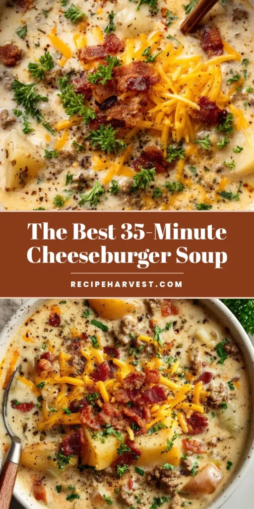 Cheeseburger Soup Recipe: The Ultimate Comfort in a Bowl 4 A rustic white bowl of creamy cheeseburger soup seen from above, garnished with bacon and cheese. (Cheeseburger Soup Recipe)