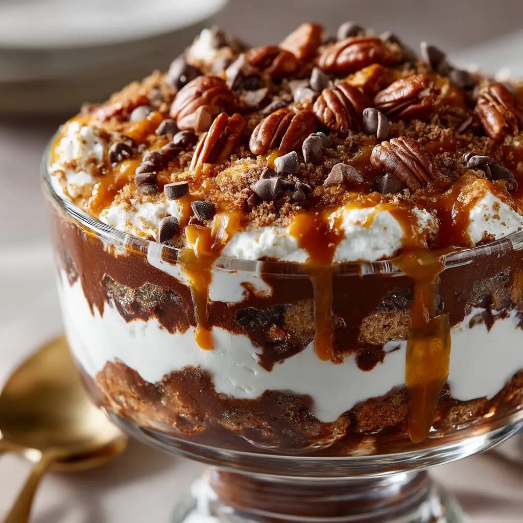 A close-up, photorealistic shot of a Turtle Lasagna dessert trifle in a clear glass bowl, focusing on the distinct, delicious layers of chocolate pudding, whipped cream, and caramel sauce. (Turtle Lasagna)