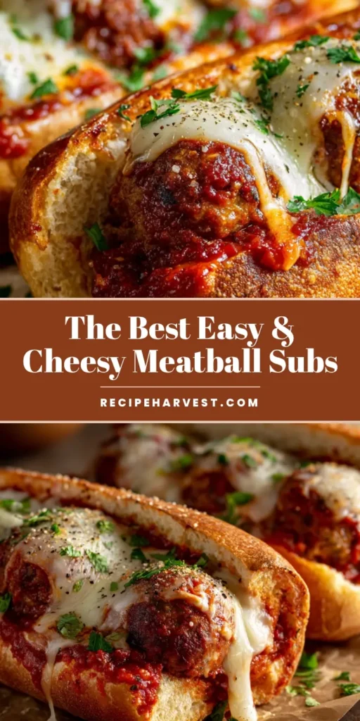 A close-up of two perfect Cheesy Meatball Subs on parchment paper. The subs are overflowing with juicy meatballs, rich marinara sauce, and a thick layer of gooey, melted mozzarella cheese, garnished with fresh parsley.