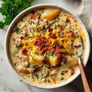 A top-down view of a rustic white bowl filled with creamy Cheeseburger Soup Recipe, garnished with bacon, cheddar, and parsley on a marble surface. (Cheeseburger Soup Recipe)