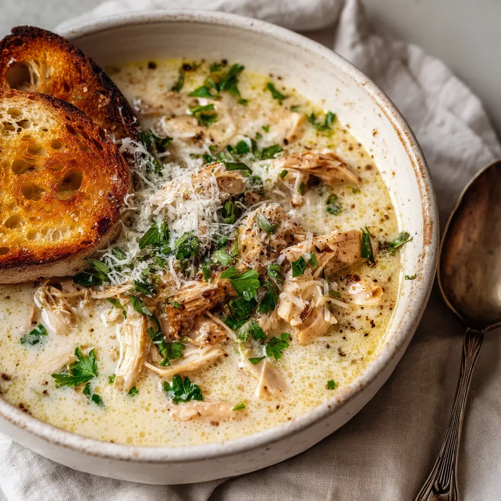 A close-up, photorealistic view of creamy Garlic Parmesan Chicken Soup in a rustic white bowl. Chunks of shredded chicken are visible in the thick, savory broth, topped with parmesan and parsley.