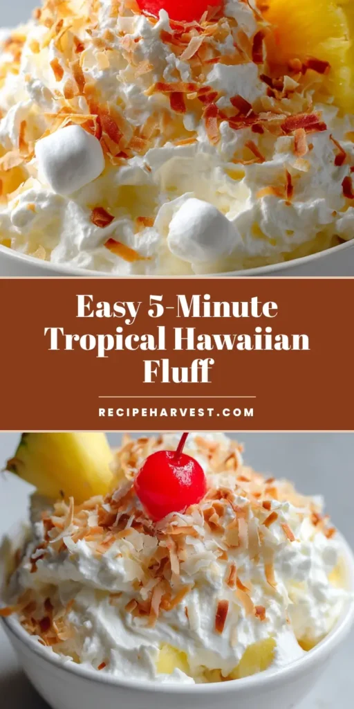 Hawaiian Pineapple Coconut Fluff: The Ultimate Airy Tropical Dessert 4 A minimalist white bowl filled with airy Hawaiian Pineapple Coconut Fluff topped with golden toasted coconut and a maraschino cherry.