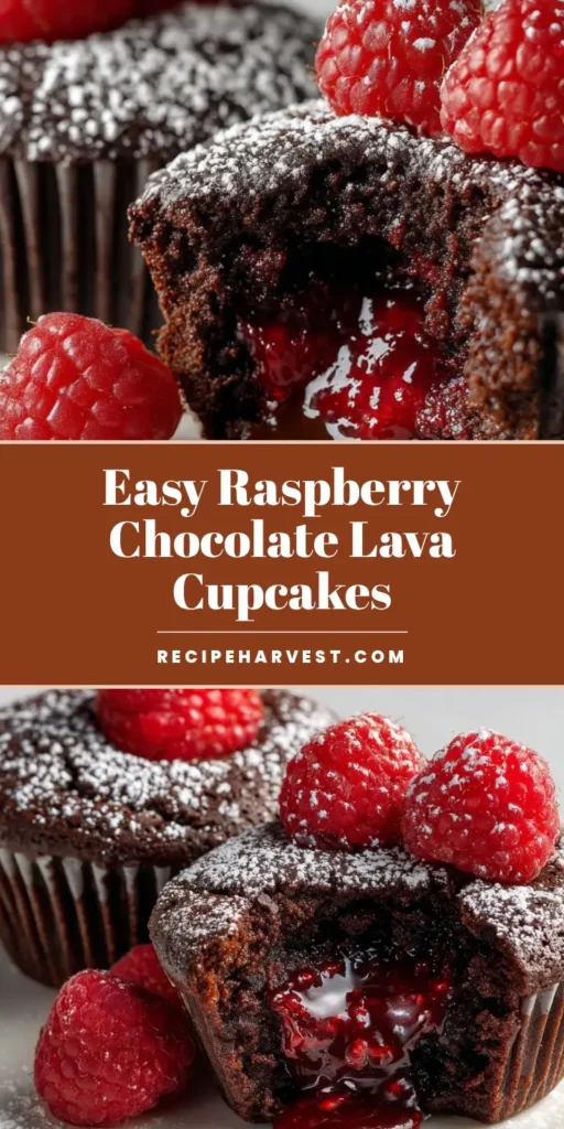 Raspberry Chocolate Lava Cupcakes with Molten Dark Chocolate Ganache 4 A close-up of Raspberry Chocolate Lava Cupcakes broken open to reveal a flowing molten chocolate and raspberry center.
