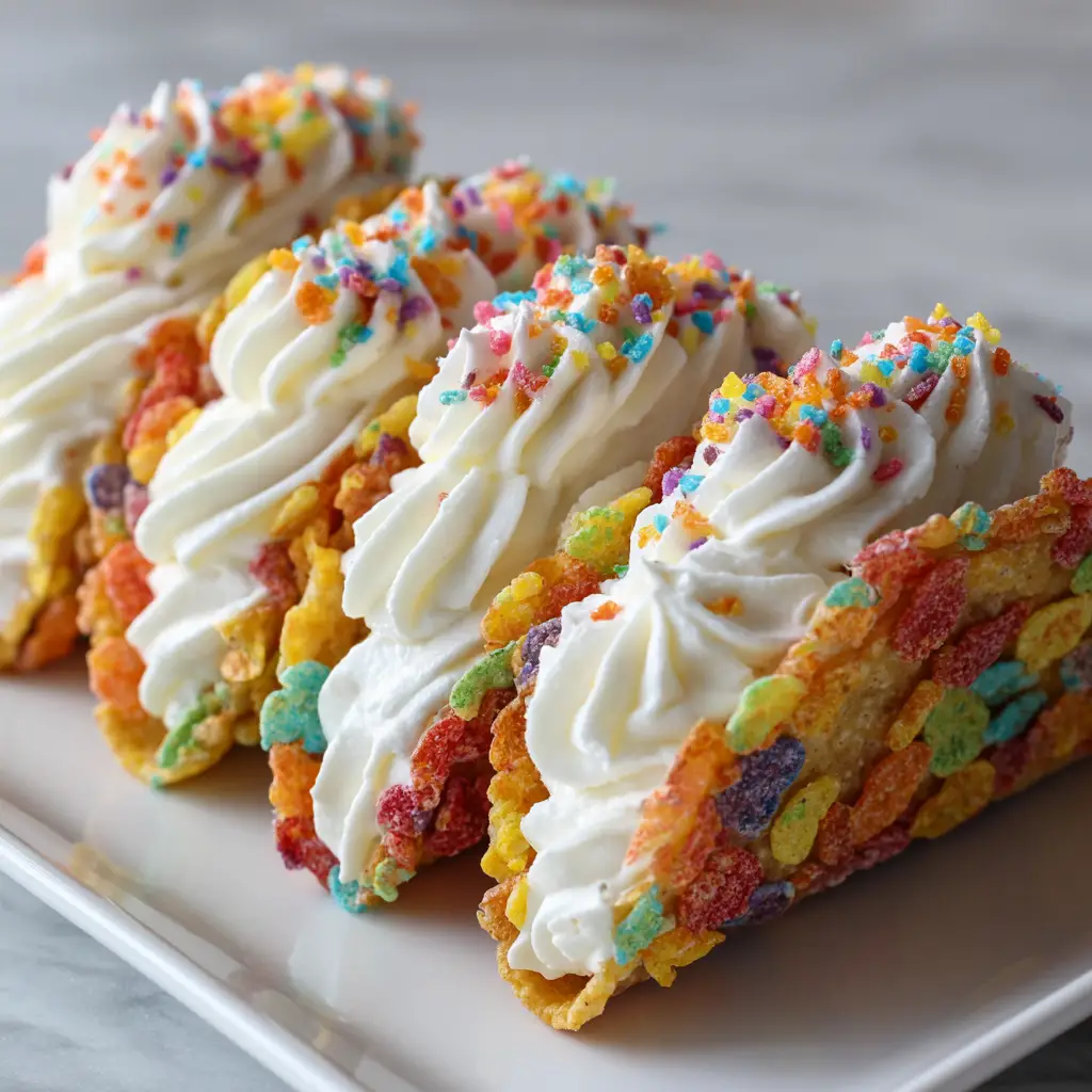 Close up of rainbow-colored Fruity Pebbles Cheesecake Tacos with thick piped star-swirl cheesecake filling.