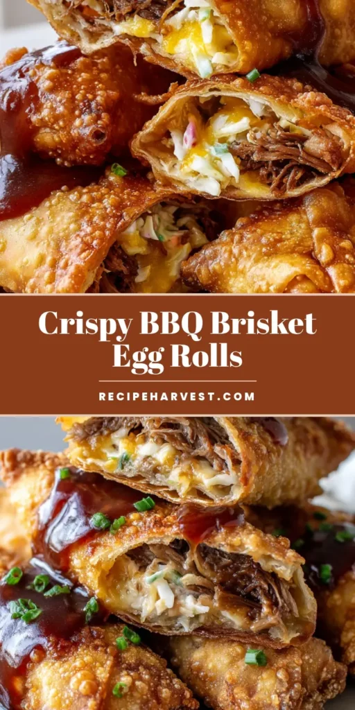 A stack of deep-fried BBQ Egg Rolls sliced diagonally to show shredded brisket, melted white cheese, and slaw, drizzled with BBQ sauce.