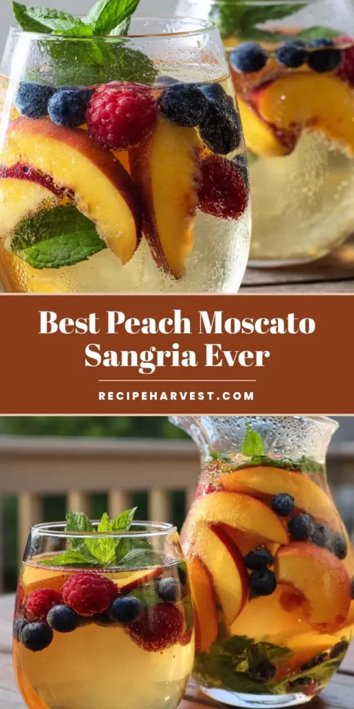 A vertical shot of a clear glass pitcher and stemless wine glass filled with Peach Moscato Sangria, featuring sliced peaches and berries on a wooden table.