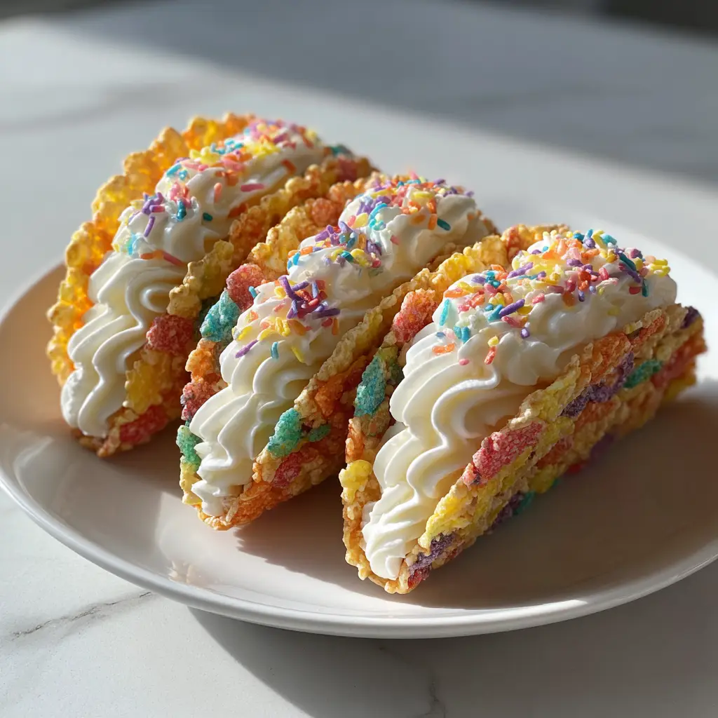 Fruity Pebbles Cheesecake Tacos: The Ultimate No-Bake Cereal Dessert 1 Three Fruity Pebbles Cheesecake Tacos arranged on a neutral kitchen counter in soft daylight.