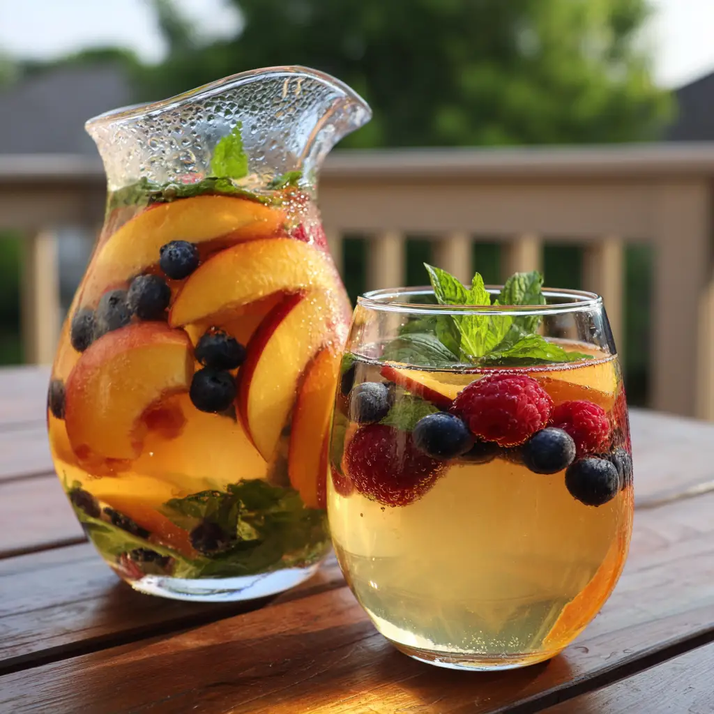 A stemless wine glass filled with Peach Moscato Sangria showing crescent peaches, raspberries, and condensation beads. (Peach Moscato Sangria)