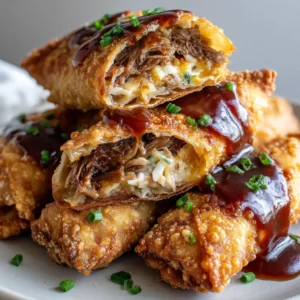 Smartphone photo of golden-brown BBQ Egg Rolls with a bubbly fried texture and glossy BBQ sauce drizzle.