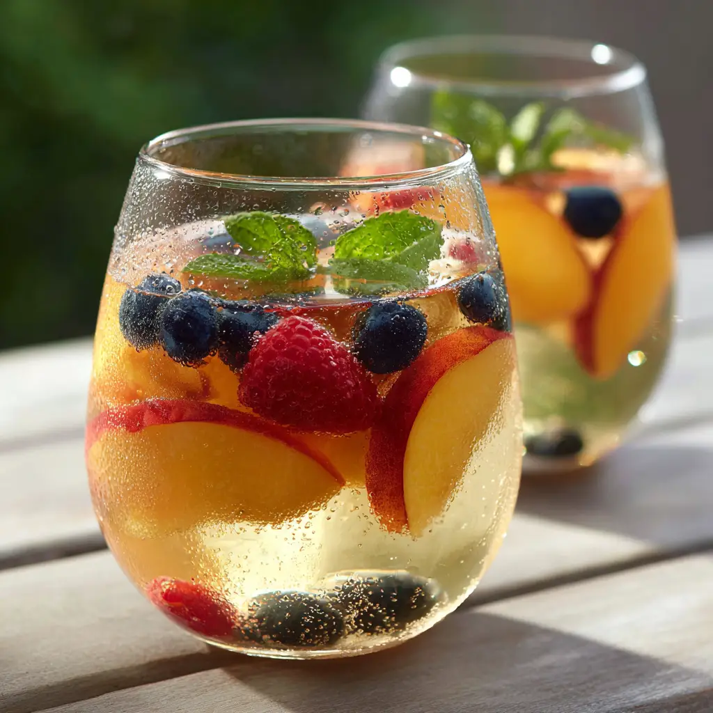 A clear pitcher of Peach Moscato Sangria with orange peach slices and floating raspberries in a pale gold liquid.