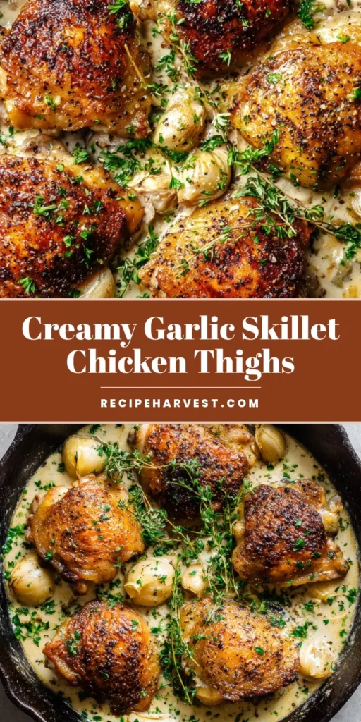 A vertical shot of Creamy Garlic Chicken Thighs in a cast iron skillet with bubbling ivory sauce, whole garlic cloves, and fresh thyme sprigs.