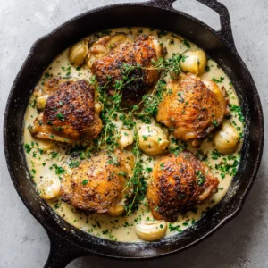 Close-up top-down view of four crispy golden-brown chicken thighs in a thick garlic cream sauce with fresh parsley garnish. (Creamy Garlic Chicken Thighs)