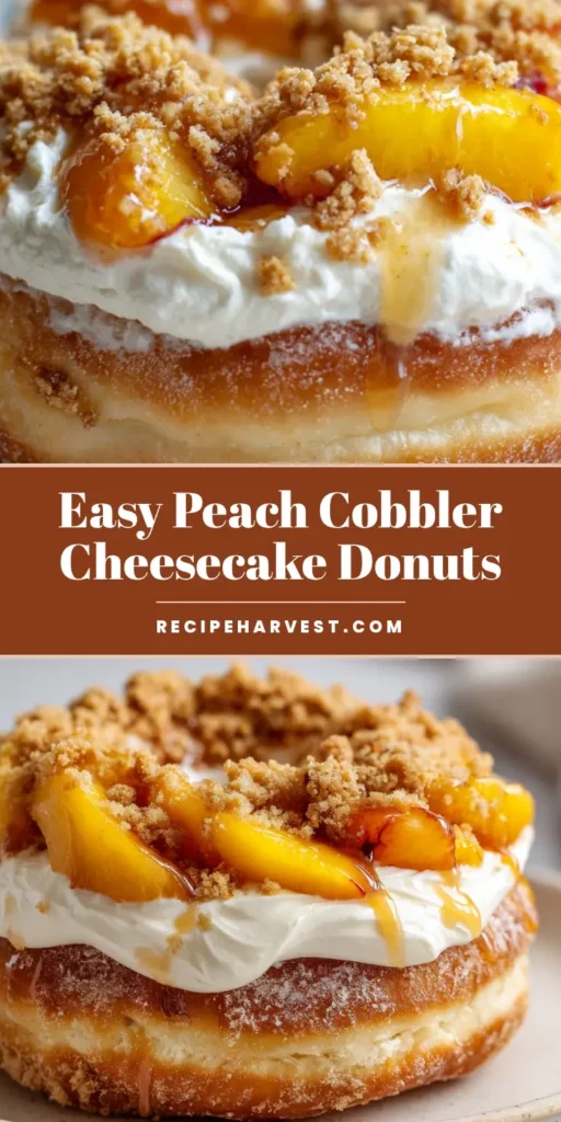 Peach Cobbler Cheesecake Donuts: The Ultimate Summer Gourmet Treat 4 A close-up vertical shot of a Peach Cobbler Cheesecake Donut featuring a golden yeast base, cream cheese frosting, and syrup-glazed peaches.