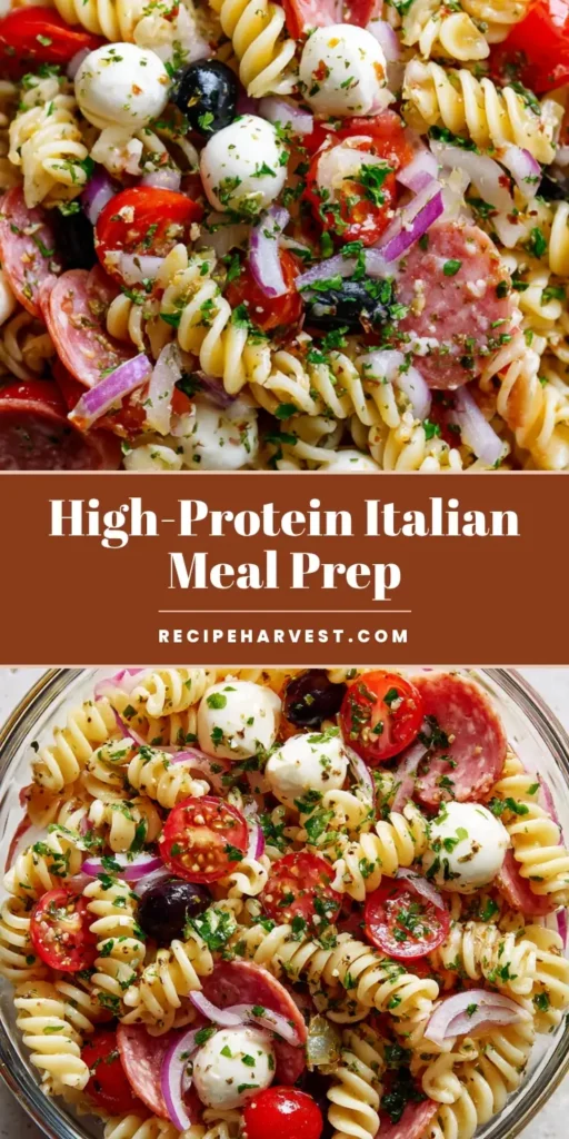High-Protein Italian Pasta Salad: The Ultimate Meal Prep Guide 3 A close-up shot of High-Protein Italian Pasta Salad in a glass meal prep container, featuring tri-color rotini, salami, and mozzarella pearls.