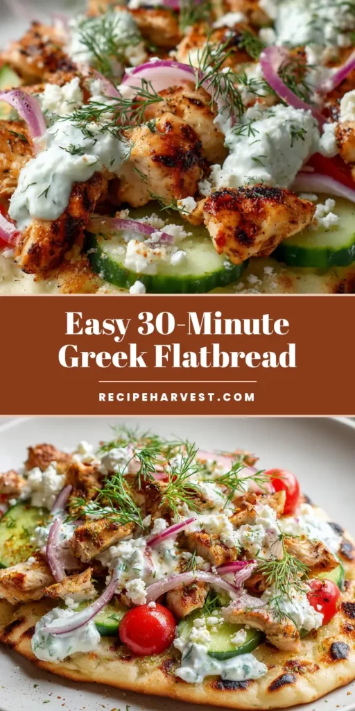 A fluffy Greek Chicken Flatbread topped with seared oregano chicken, red cherry tomatoes, cucumbers, and crumbled feta cheese on a white plate.