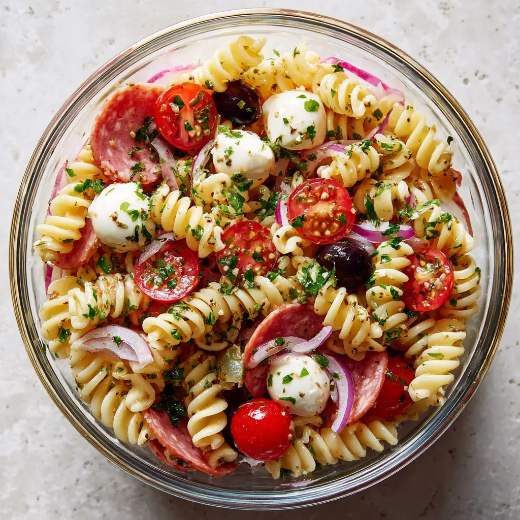 High-Protein Italian Pasta Salad: The Ultimate Meal Prep Guide 2 Top-down view of a High-Protein Italian Pasta Salad showing glossy rotini, halved tomatoes, and herb vinaigrette.
