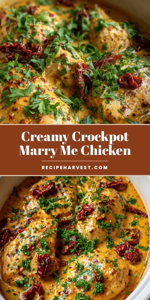 A top-down view of Crockpot Marry Me Chicken in a white slow cooker, showing tender chicken breasts in a thick creamy sun-dried tomato sauce with parsley garnish.