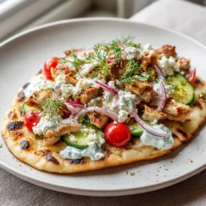 Overhead shot of a charred oval flatbread with golden-brown chicken chunks, creamy white tzatziki, and sliced red onions.