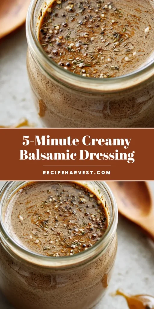 A handheld smartphone photo of a glass mason jar filled with thick, creamy balsamic dressing featuring flecks of black pepper and herbs. (Creamy Balsamic Dressing)
