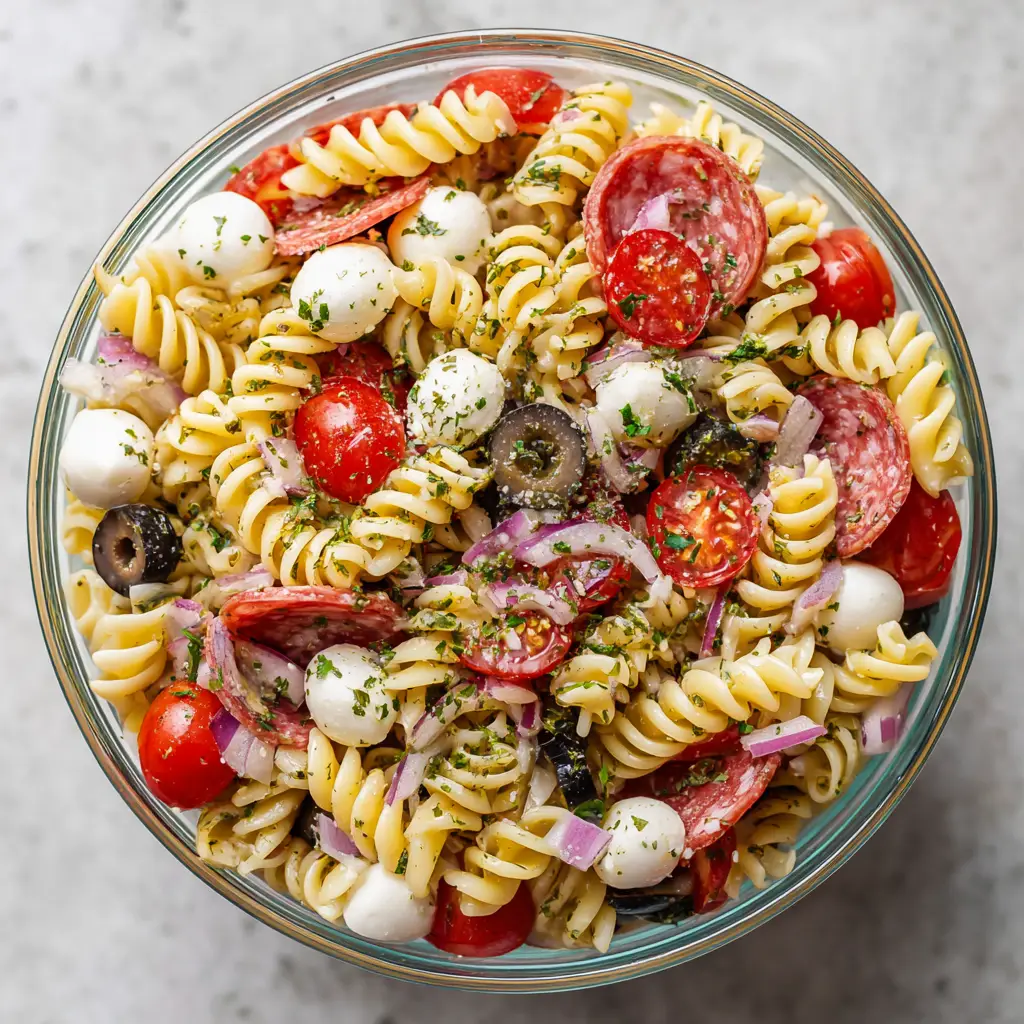 High-Protein Italian Pasta Salad: The Ultimate Meal Prep Guide 1 Detailed close-up of salami slices and mozzarella pearls in a High-Protein Italian Pasta Salad.