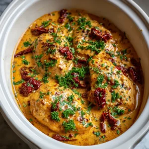A handheld smartphone photo of Crockpot Marry Me Chicken in a white ceramic slow cooker with julienned sun-dried tomatoes and fresh parsley.