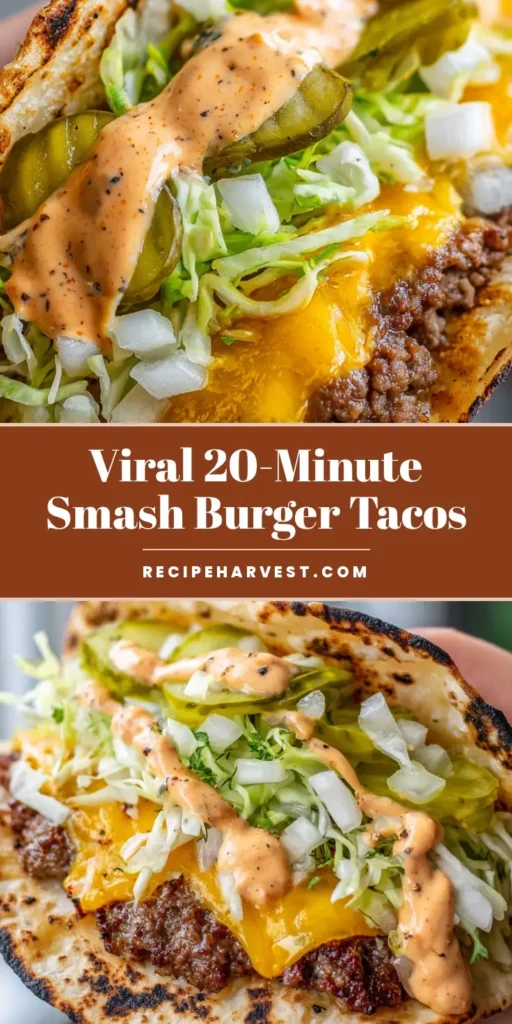 A close-up handheld photo of a Smash Burger Taco with melted American cheese, shredded lettuce, and creamy burger sauce on a charred flour tortilla.