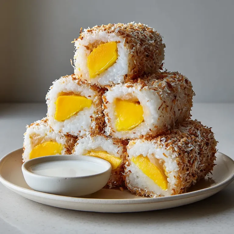 Overhead view of Mango Sticky Rice Rolls showing the vibrant yellow mango core and pearlescent white rice.