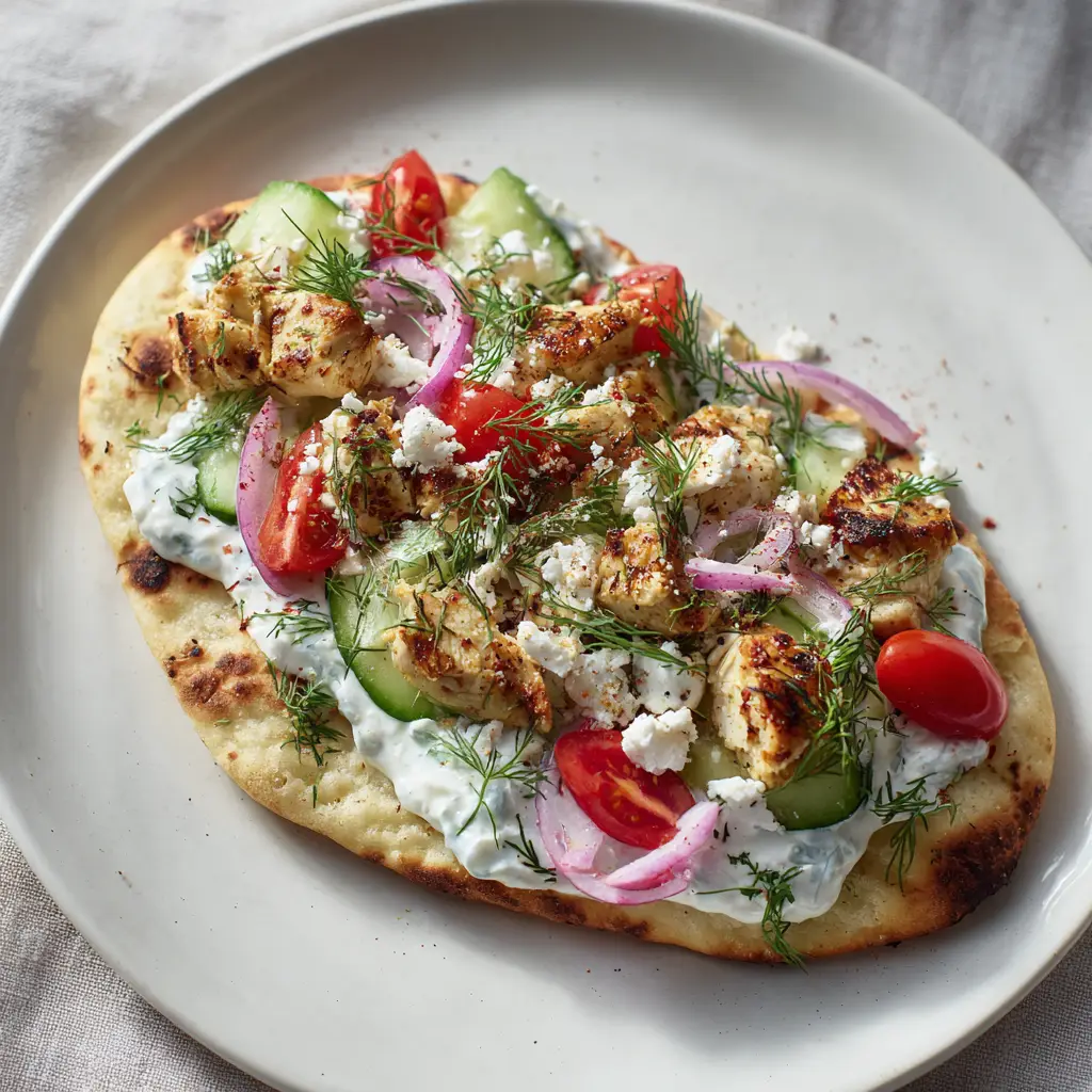 Greek Chicken Flatbread assembly showing layers of cherry tomatoes, English cucumbers, and fresh chopped dill.