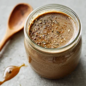 Close-up of velvety Creamy Balsamic Dressing in a glass jar showing its rich chocolate-brown texture on a light gray countertop. (Creamy Balsamic Dressing)