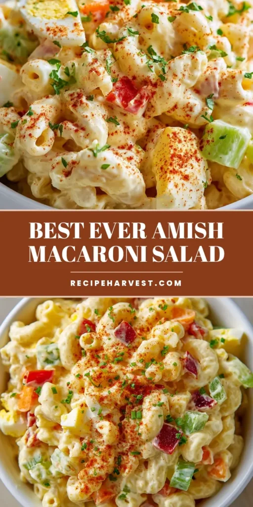 Amish Macaroni Salad: The Ultimate Creamy and Tangy Summer Classic 4 A large white bowl of creamy Amish Macaroni Salad featuring elbow noodles, red peppers, and hard-boiled eggs on a light wood surface.