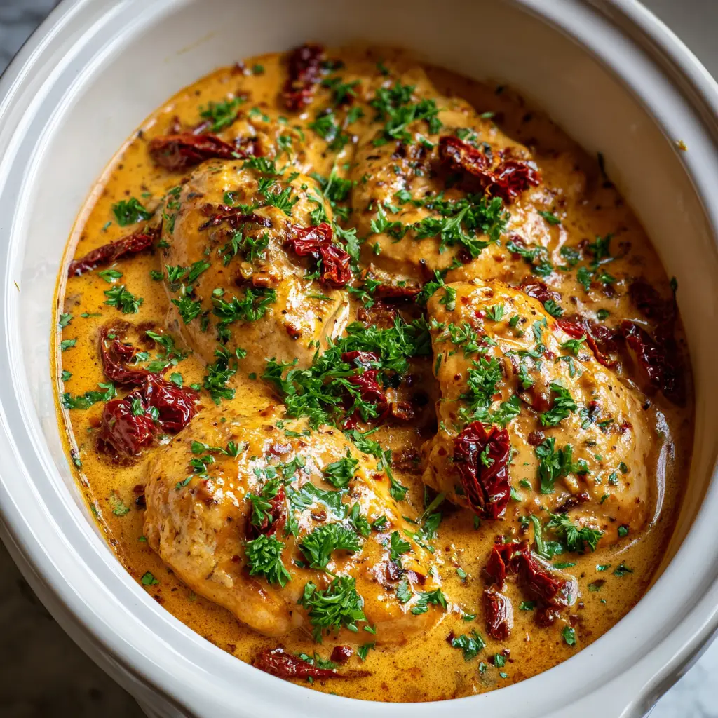 Close up of the glossy sauce and julienned sun-dried tomatoes in the Crockpot Marry Me Chicken dish.