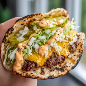 Detailed shot of Smash Burger Tacos being held, showing the visible grease glisten on the cheese and the toasted tortilla edges.