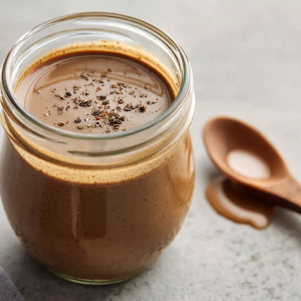 A wooden spoon resting next to a jar of Creamy Balsamic Dressing with a glossy drip highlighting its thick consistency.