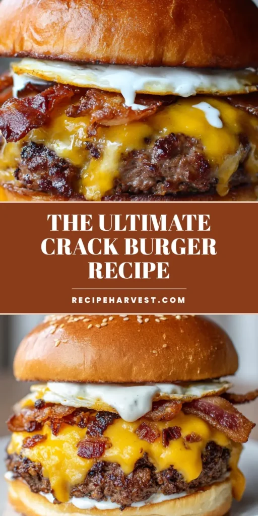 Crack Burgers Recipe with Runny Egg and Crispy Bacon 3 A towering gourmet burger on a white plate with a runny fried egg, crispy bacon, and ranch sauce. (Crack Burgers Recipe)